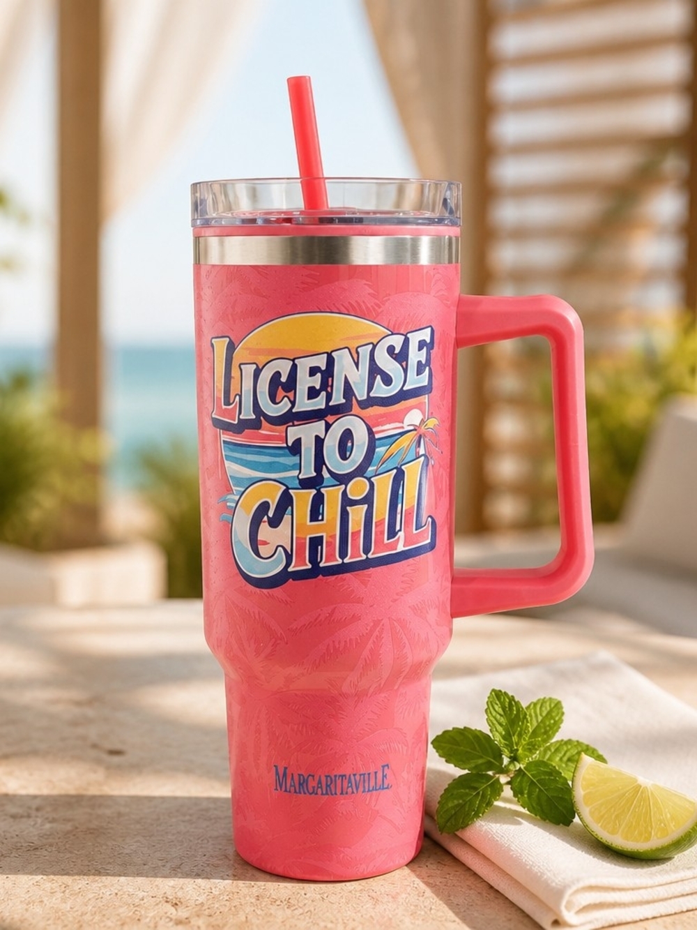 Margaritaville Pink "License to Chill" Travel Tumbler with Handle and Straw